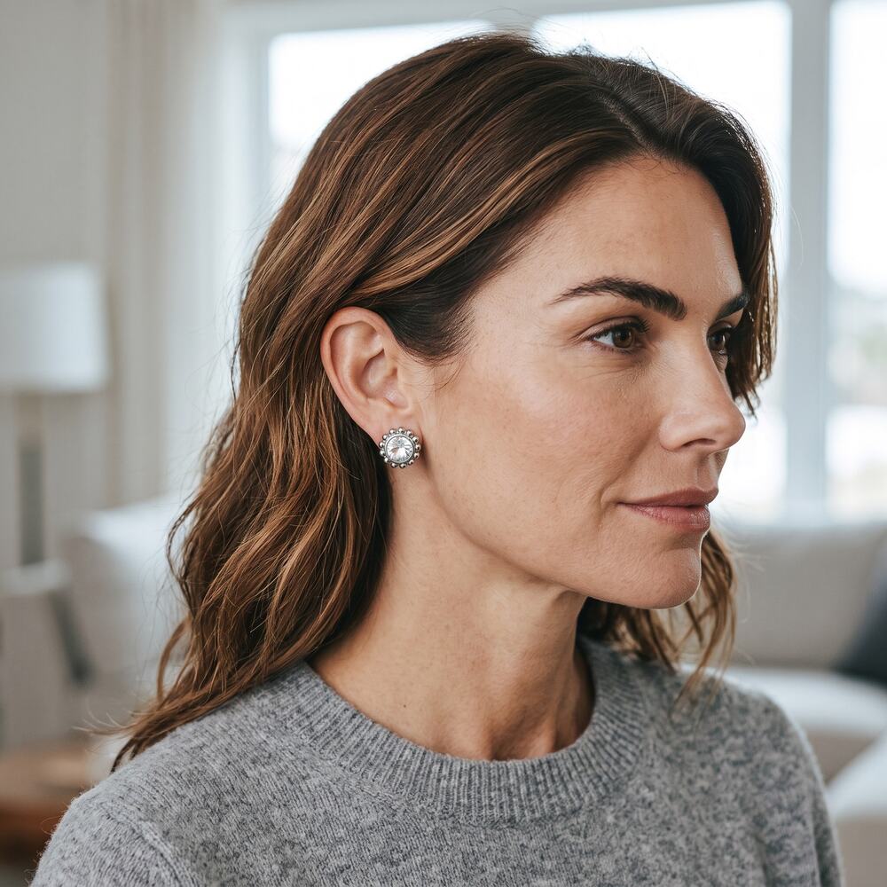 BCBGMAXAZRIA Clear Crystal Stud Earrings Silver Tone Statement Studs NEW